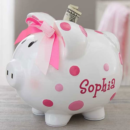 Baby Girl Pink Polka Dot Personalized Piggy Bank | Personalized Gifts for Newborn Baby Girl