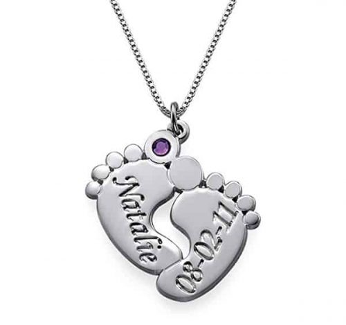 Engraved Baby Feet Pendant Necklace with Personalized Birthstone | Jewelry Gifts For New Moms