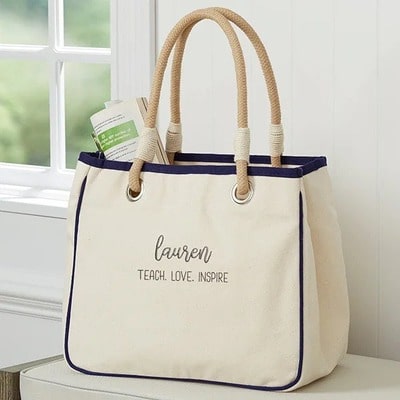 Scripty Style Embroidered Canvas Rope Tote
