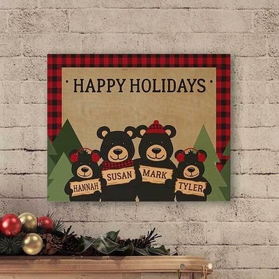 Holiday Bear Family Personalized Wood Panel Wall Decor