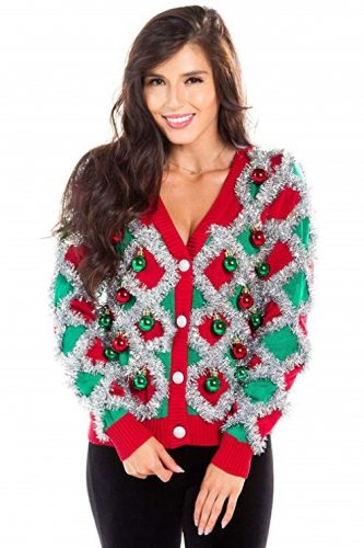 Best Ugly Christmas Sweaters - Women's Garland Christmas Sweater - Green and Red Ornaments, Silver Tinsel