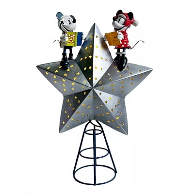 Silver star-shaped Christmas tree topper with Mickey and Minnie
