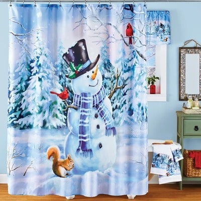 Snowman and Squirrel in Winter Forest Shower Curtain