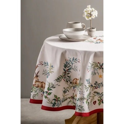 Round Christmas Stags and Holly Leaves Tablecloth