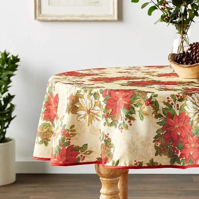 Round Poinsettia Christmas Tablecloth