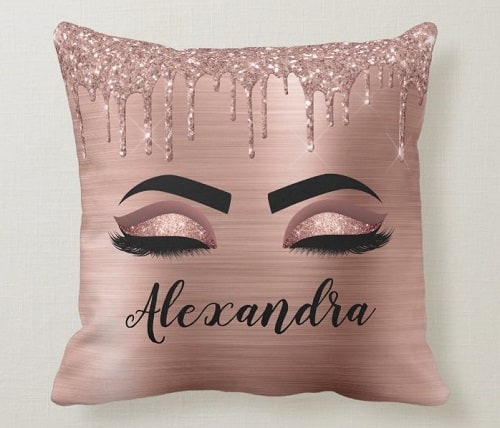 Personalized Rose Gold Glitter Eyelashes Monogram Name Throw Pillow