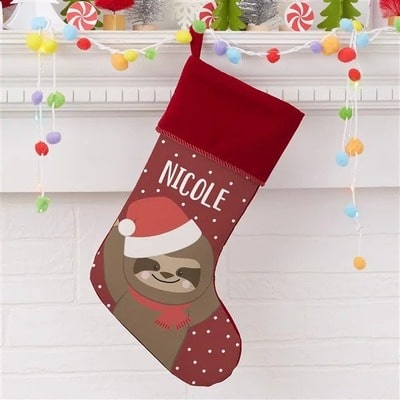 Holly Jolly Personalized Sloth Burgundy Christmas Stocking