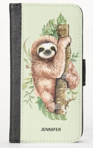 Watercolor Sloth & Tropical Leaves Phone Wallet Case
