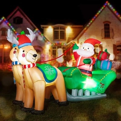 Christmas Inflatable Santa on Sleigh with Reindeers and Gift Boxes