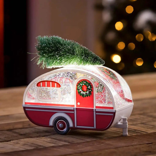 Vintage Christmas Camper with Christmas Tree Glitter Globe