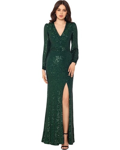 Long Sleeve Long V-Neck Sequin Gown