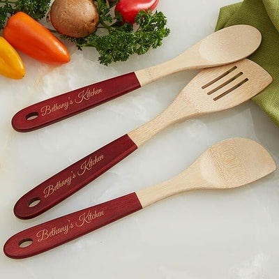 Personalized Red-Handled Bamboo Cooking Utensils- 3pc Set