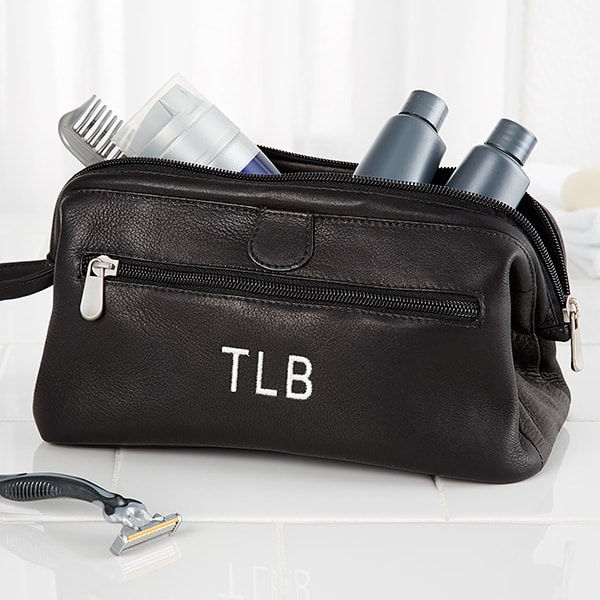 Personalized Black Leather Toiletry Bag