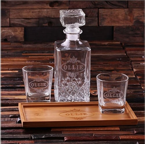 Whiskey Gift Set Bar Tray, Glasses and Decanter