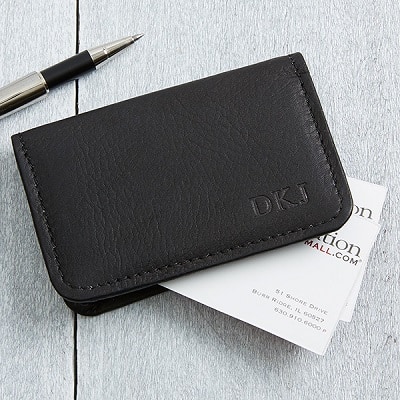 Personalized Black Leather Business Card Holder
