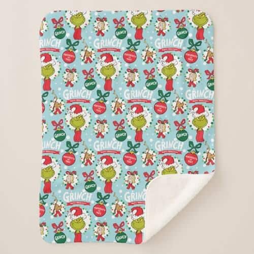 The Grinch Happy Wholidays Pattern Sherpa Blanket