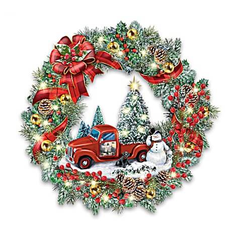 Thomas Kinkade Red Truck Christmas Wreath with Lights