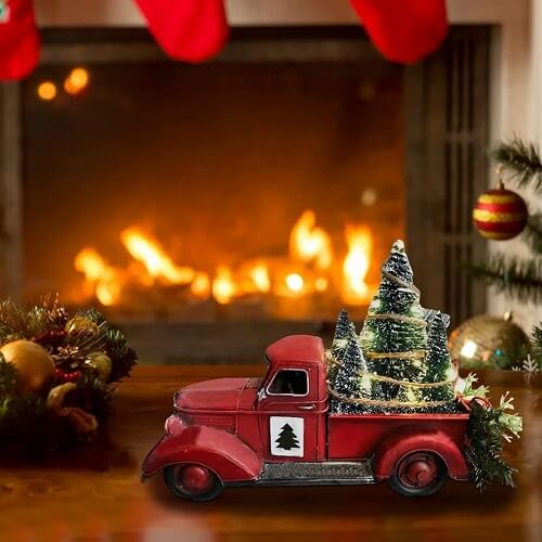 Vintage Red Pickup Truck Carrying Christmas Tree