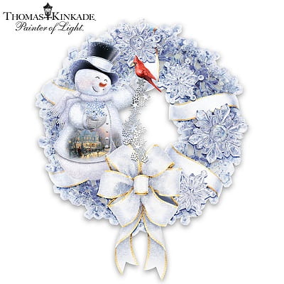 Thomas Kinkade Christmas Wreath With Lights And Crystalline Snowflakes