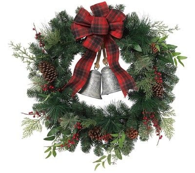 32-in D Pine Wreath w Red Berries, Bells, & Bow
