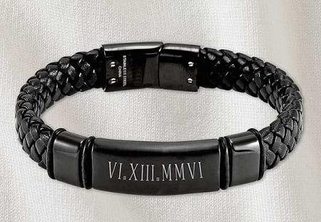 Roman Numeral Personalized Men's Leather Bracelet
