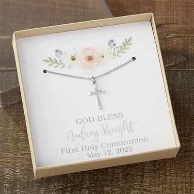 First Communion Cross Necklace With Personalized Message Card