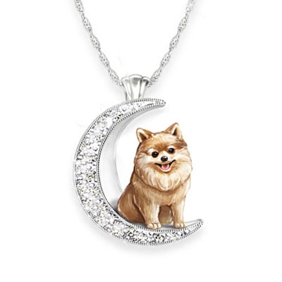 Pomeranian And Crystal Moon Pendant Necklace