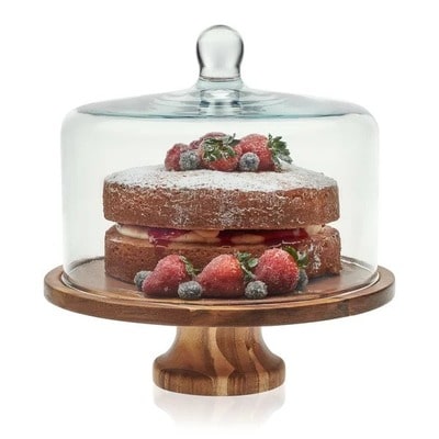 Round Wood Server Cake Stand with Glass Dome