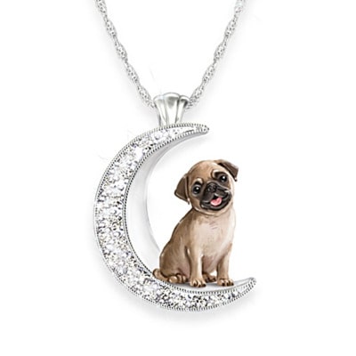 Pug And Crystal Moon Pendant Necklace