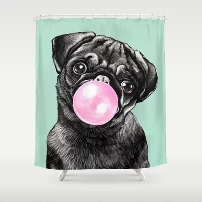 Bubble Gum Black Pug Shower Curtain