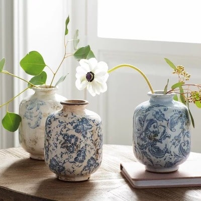 3 Piece Blue And White Terracotta Table Vase Set