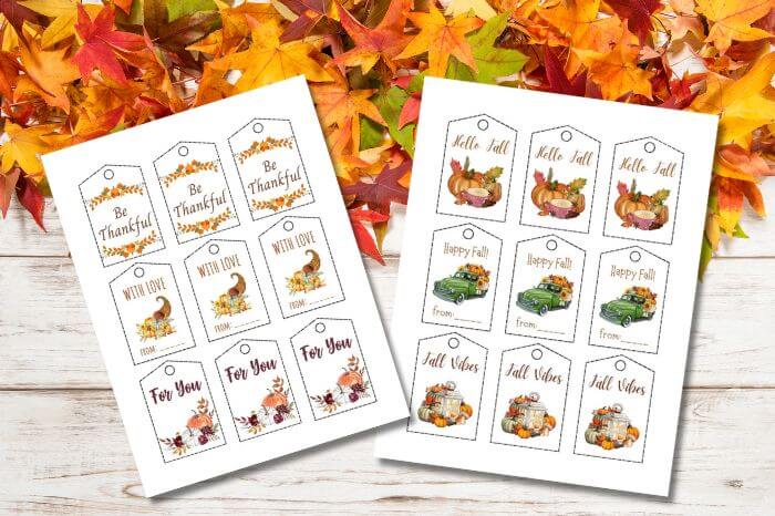 Printable Fall Gift Tags on wooden background with fall leaves
