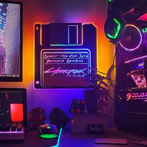 Cyberpunk Neon Floppy Disk Sign
